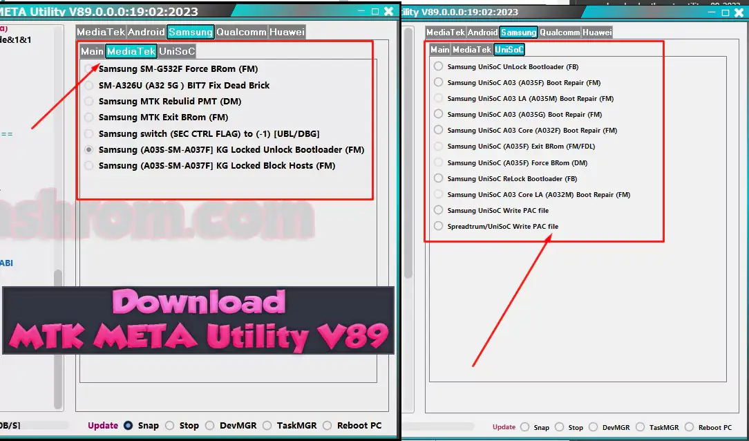 Download MTK META Utility V89 Flash SPD PAC Firmware Free - MTK META Utility V89 is a Windows: small mobile tool Support Samsung UNISOC Flash PAC file via Boot ROM mode (SPRD U2S Diag) MTK Brom Bypass feature Support Unlock Network (META), Factory Reset – META, VIVO New SEC Read info, Disable Auth, remove user data screen lock reset FRP lock some supported MTK Auth bypass […]