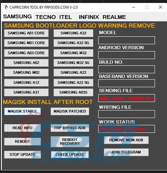 Download CAPRICORN TOOL V2.0 BY FRPGODS Team - Download CAPRICORN TOOL V2.0 BY FRPGODS Team in 2023 Tool Is Small Windows Support Tool Easy to Remove Samsung Bootloader Logo Warning one click fixed and also support install Samsung install magisk to install after root device read device info bypass Samsung frp in adb mode reboot to recovery stop update and remove Samsung mdm […]