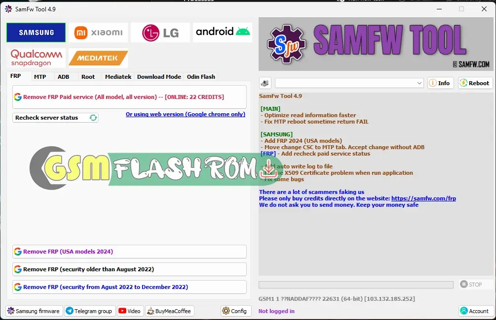 SamFw Tool v4.9 Latest Version FREE Download Unlock Bootloader Bypass FRP Flash Firmware