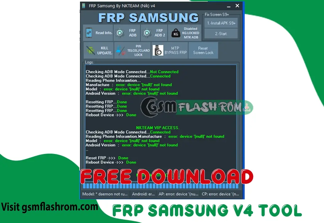 Download 2024 Latest Samsung MTP and ADB FRP Remove Tool v4. - Download the FRP Samsung v4 Tool. With this tool, you can remove Samsung FRP Method 1 and 2 and disable KG Lock In MTK ADB Mode Read Info in ADB Mode Clean FRP and Screen Lock Telcel Device, Just install the APK and fix screen issues for the Samsung S9 Plus. Tool Feature: Samsung ADB […]