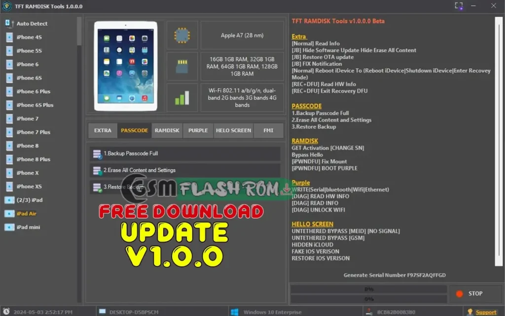 TFT RAMDISK Tools v1.0.0.0 Beta: Unlock iPhone/iPad Passcode, RamDisk, Purple Mode, Hello Bypass, & Generate Serial Numbers